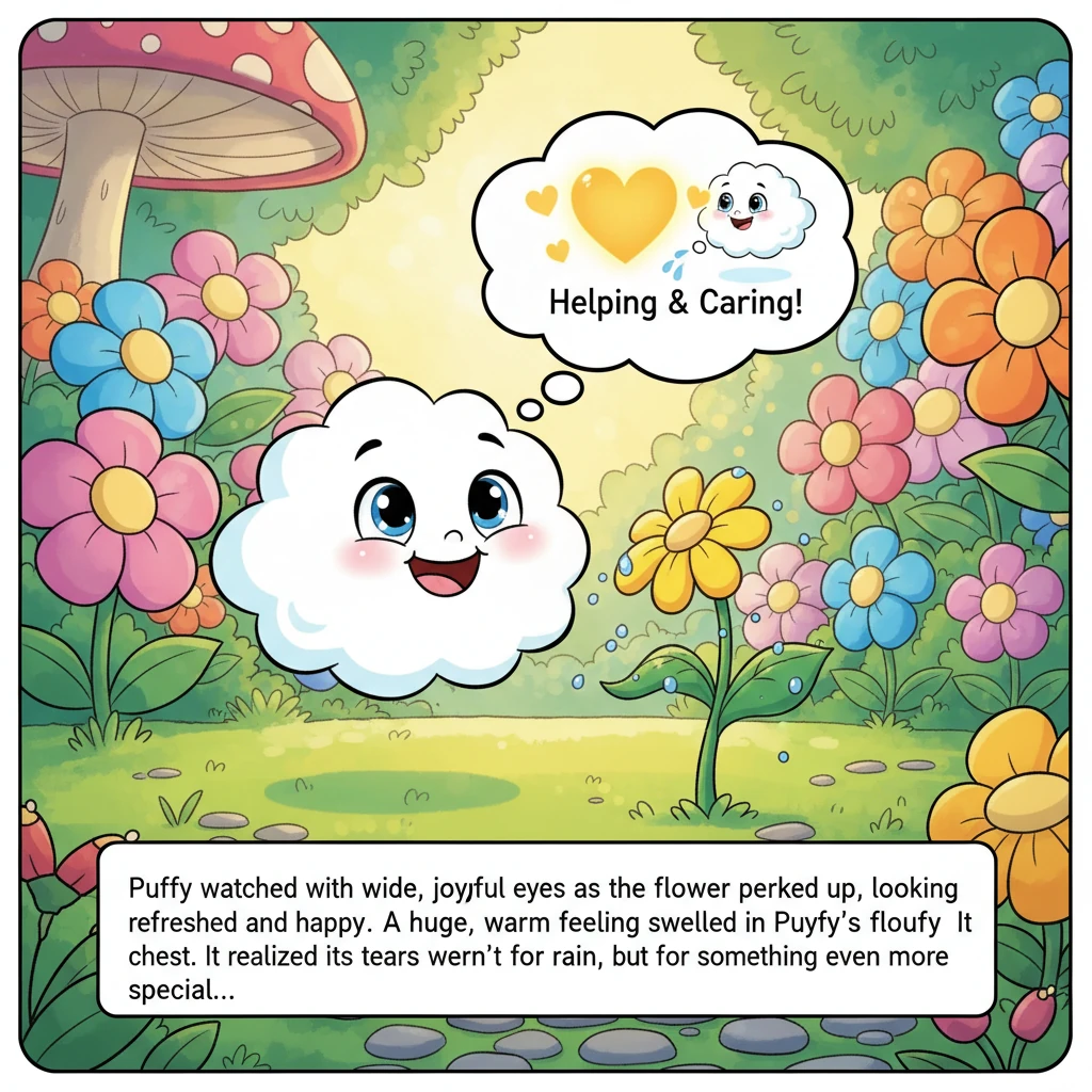 Puffy watched with wide, joyful eyes as the flower perked up, looking refreshed and happy. A huge, warm feeling swelled in Puffy's fluffy chest. It re