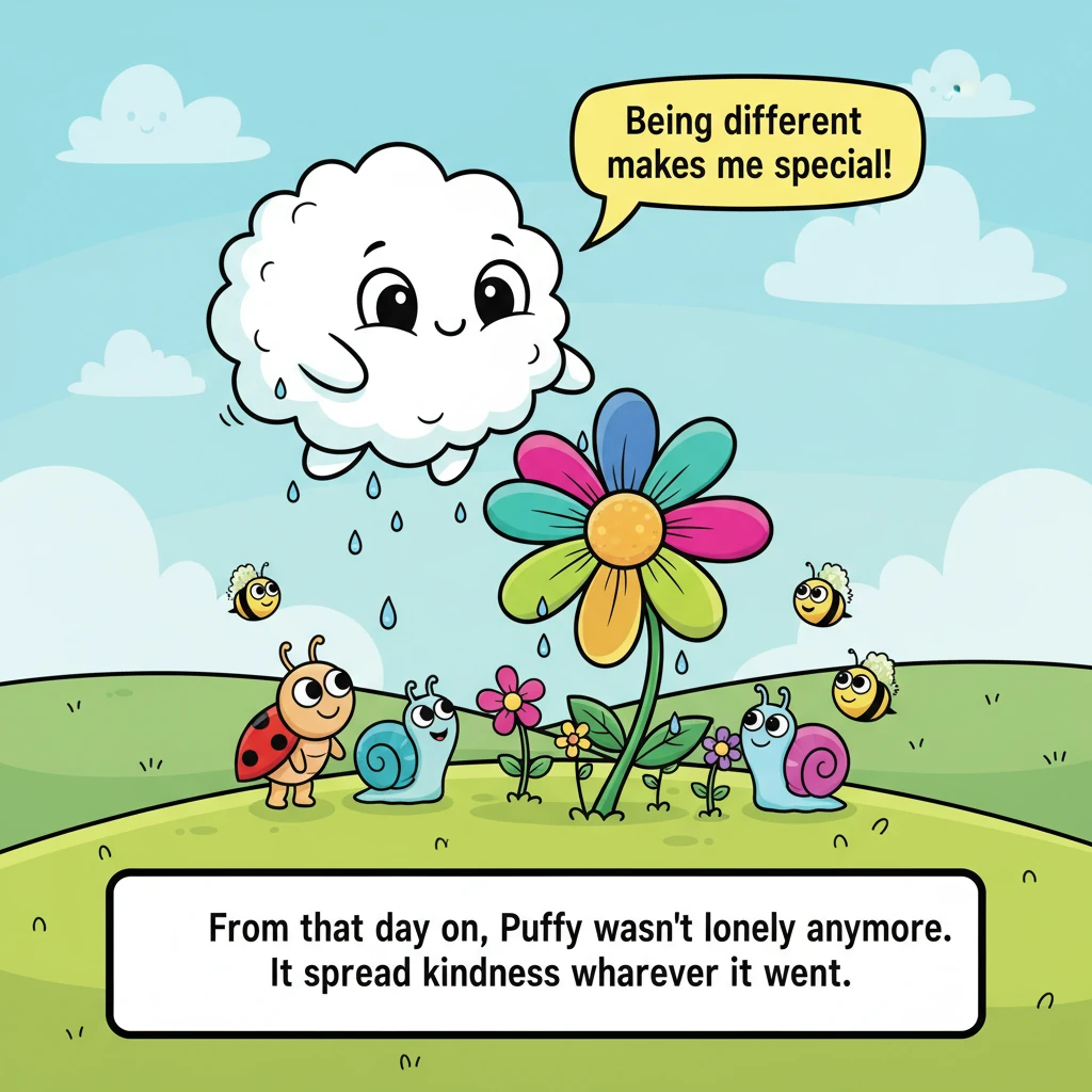 From that day on, Puffy wasn't lonely anymore. It floated happily, making friends with the now-vibrant flower and other little creatures who appreciat