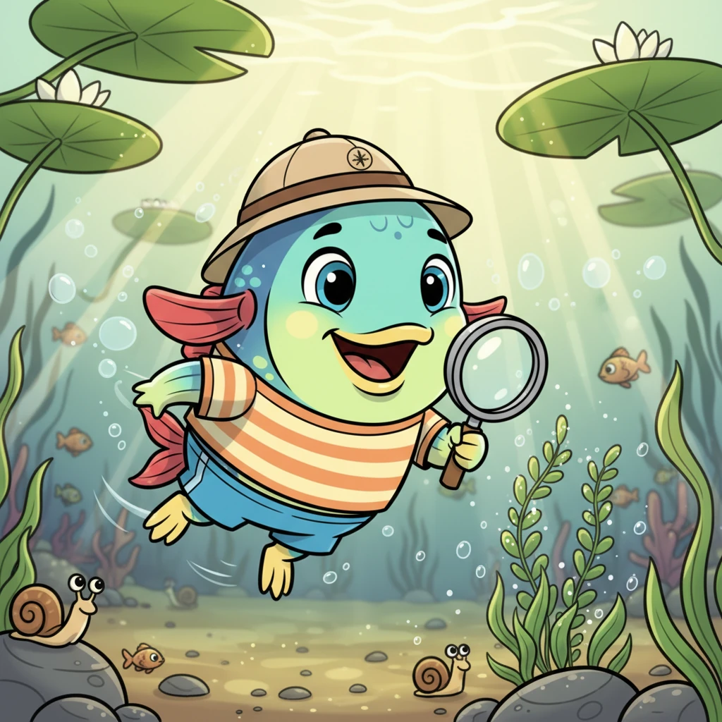 In a bustling pond, Finley the fish zipped through the clear, warm water, his scales shimmering. He loved to explore every nook and cranny, his big, bright eyes always searching for something new. The early summer sun dappled through the lily pads, making the underwater world sparkle.