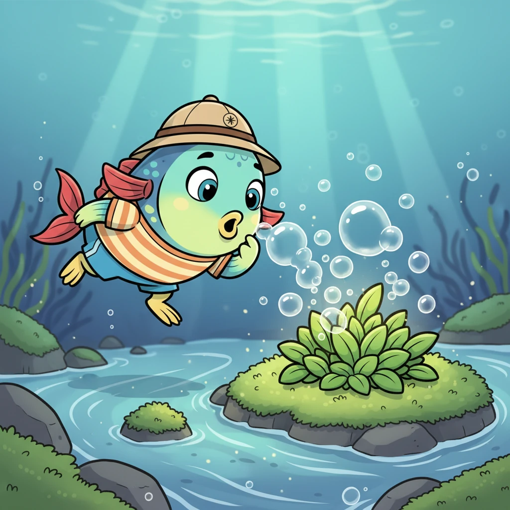 With a flick of his fins, Finley darted closer to the mysterious bubbles. As he investigated, a sweet, smoky scent tickled his nose, a smell utterly new to his fishy senses. He noticed the bubbles were emerging from tiny, leafy plants nestled among the moss.