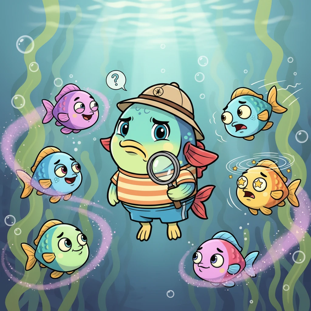 Finley watched his friends with a thoughtful frown; some seemed to enjoy the dreamy sensation, while others appeared dizzy and quickly swam away. He wondered if this new discovery was truly safe for everyone. A tiny worry began to bubble inside him.