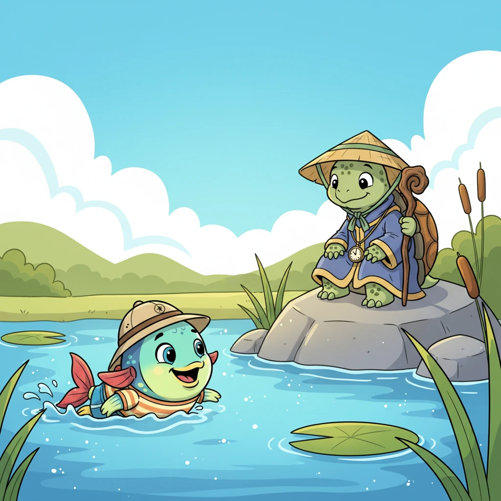 After days of observation, Finley knew he needed answers. He decided to seek out Wise Old Turtle, the oldest and most knowledgeable creature in the entire pond. With determination, he swam towards the turtle's favorite sunny rock.