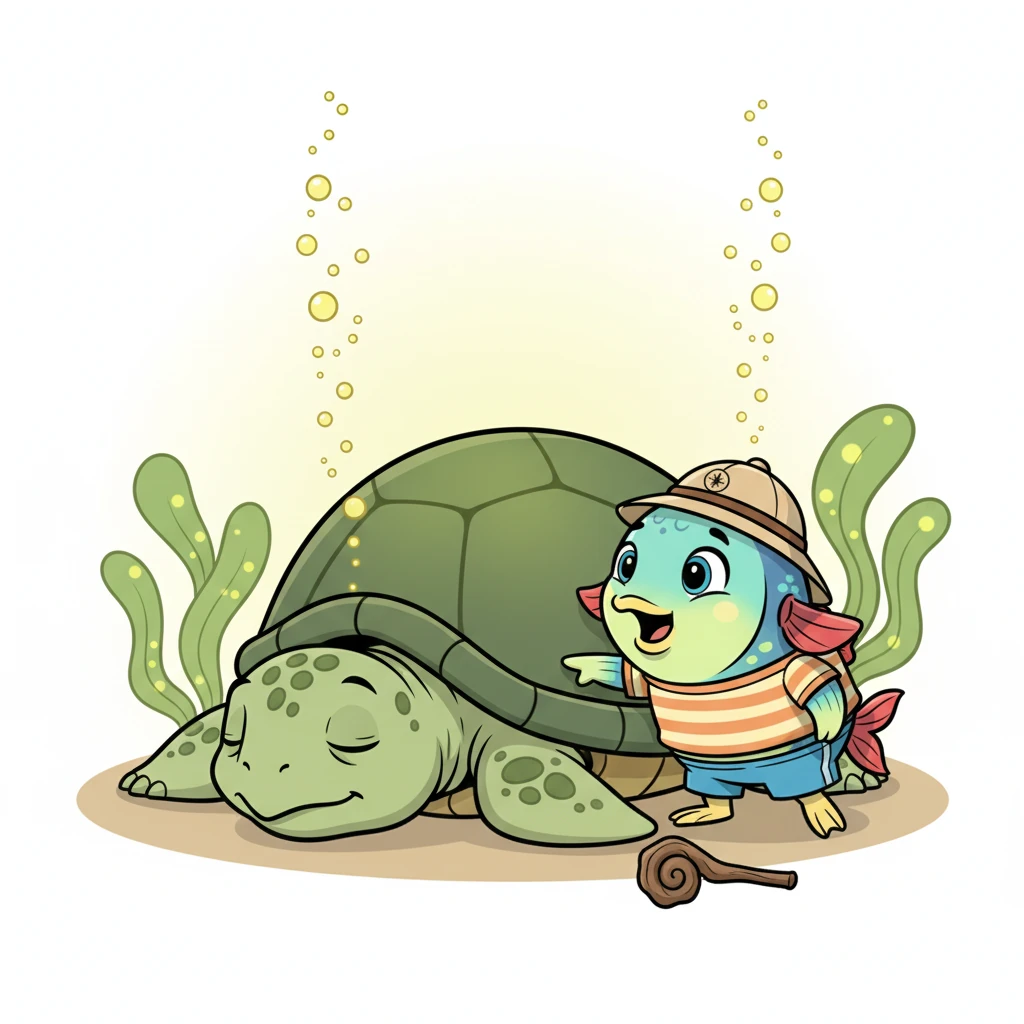 Finley found Wise Old Turtle napping peacefully on his smooth, green shell. He gently nudged the ancient turtle, then bravely asked about the mysterious bubbling plants and their strange effects. Wise Old Turtle opened one wise eye and listened carefully.
