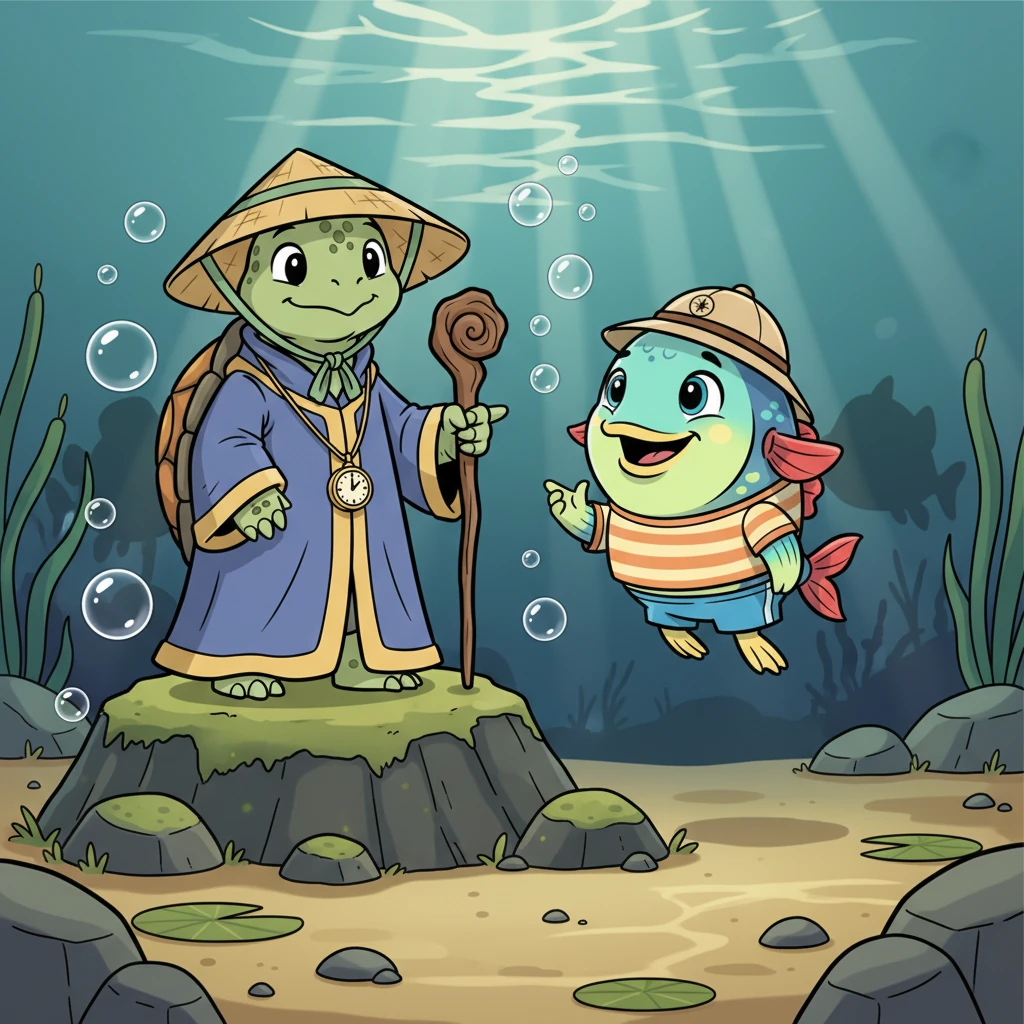 Wise Old Turtle explained that while the bubbles might feel pleasant, too much could make fish confused and slow, making it hard to stay safe from bigger creatures. He advised Finley that it was always best to enjoy the pond with clear fins and sharp minds.