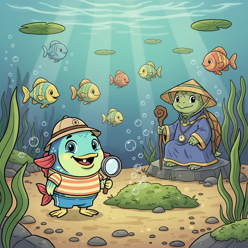 From that day forward, the pond remained a place of wonder and peace. The fish still watched the mossy patch and its bubbles, but they remembered to swim carefully and stay alert. Finley, clear-headed and happy, continued to explore his world, a wise and watchful friend to all.