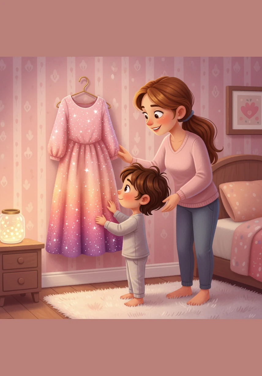 It is a beautiful pink dress with tiny sparkly stars all over it. Rio thinks it looks like a magical sunset and feels very soft against his hands.