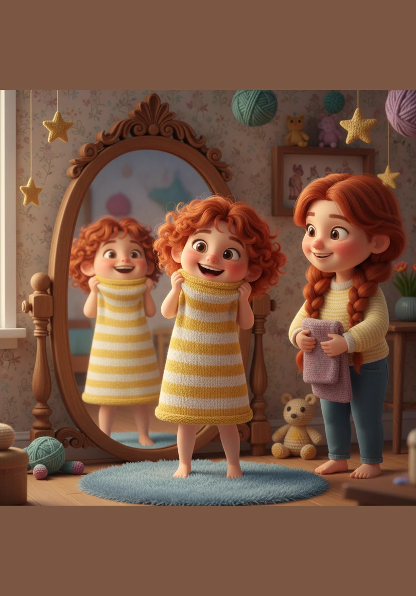 Rio pulls the pink dress over his head and looks at himself in the big mirror. He feels very special and starts to wiggle his toes with excitement.