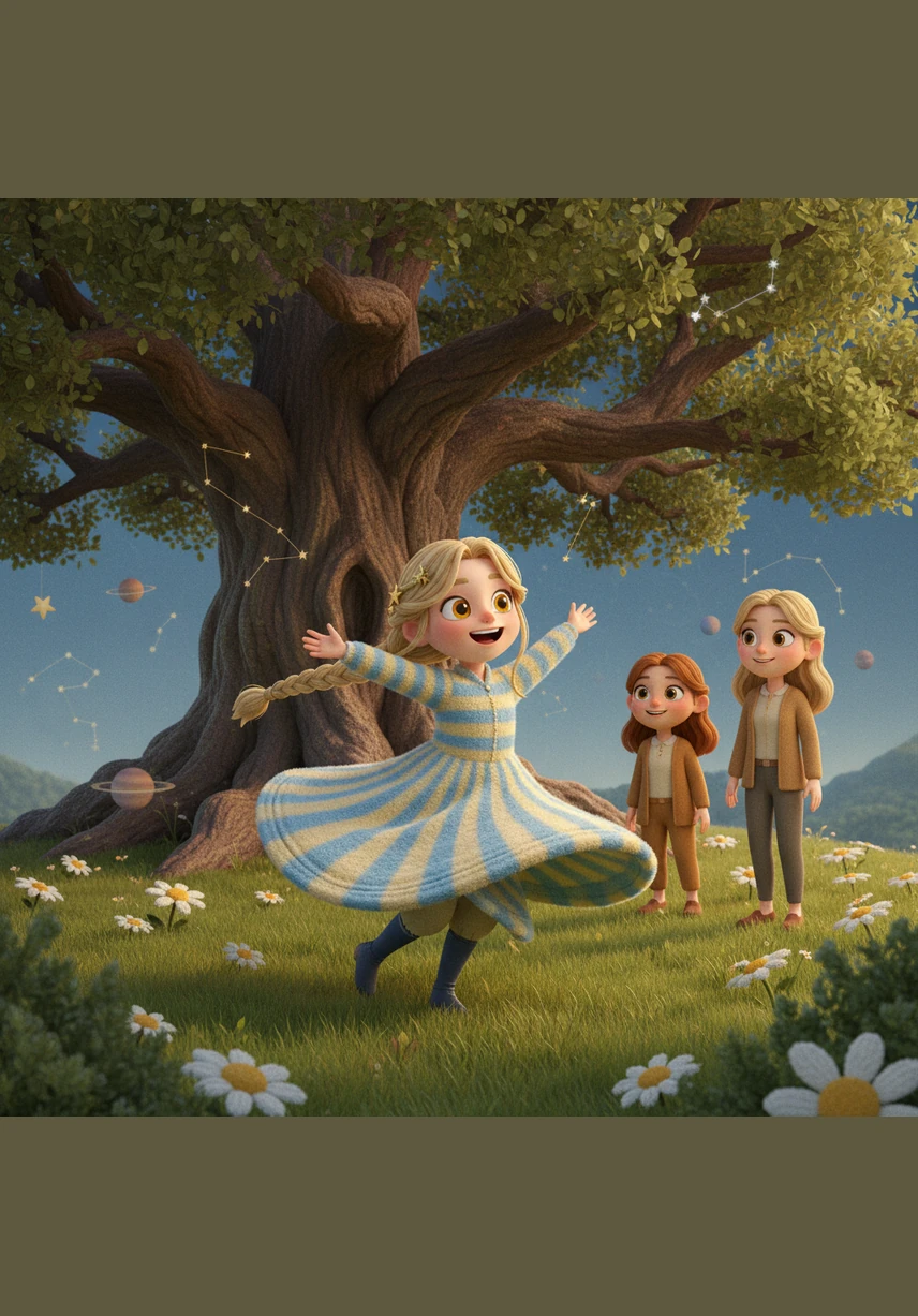 He starts to twirl and twirl in circles under the big oak tree. The dress spins out wide, and Rio feels just like a happy butterfly.