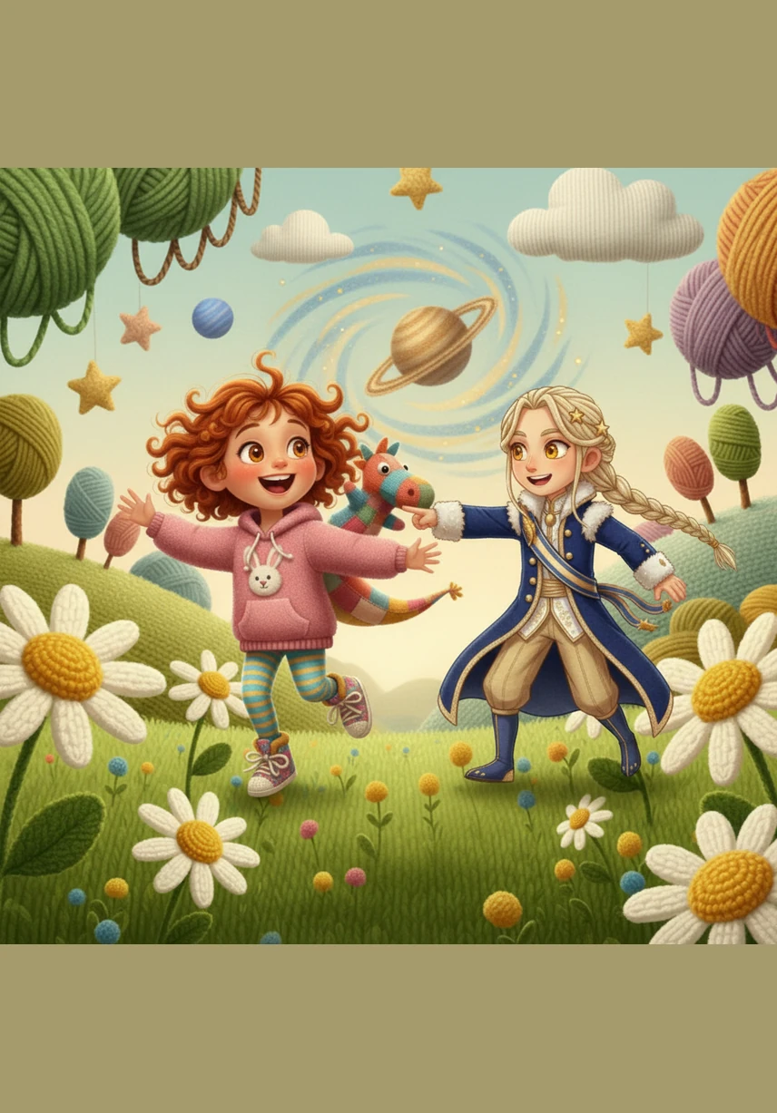 Rio and Mia play tag across the soft grass, laughing as they run. The pink dress flutters behind Rio like a superhero's cape as he zooms past the flowers.