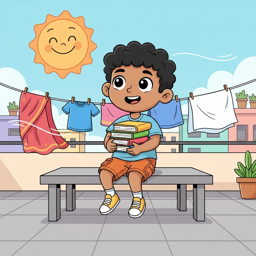 Rahul, a bright-eyed boy with a stack of books, sat on their concrete bench on the apartment terrace. The Chennai sun, a giant cheerful orange ball, beamed down, but a gentle breeze made studying bearable. Colorful laundry fluttered on lines nearby, adding a splash of homey charm to the rooftop.