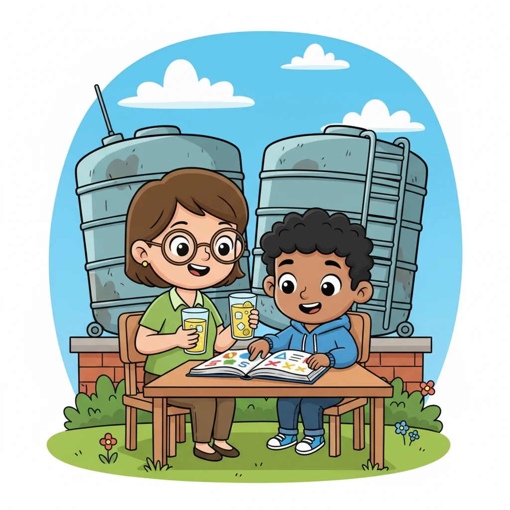 Mom, with her kind smile and glasses perched on her nose, joined Rahul, carrying two tall glasses of cool lemonade. She pointed to a tricky problem in his textbook, her finger tracing the words with encouraging patience. Behind them, water tanks stood like friendly giants, providing a cozy, private study nook.