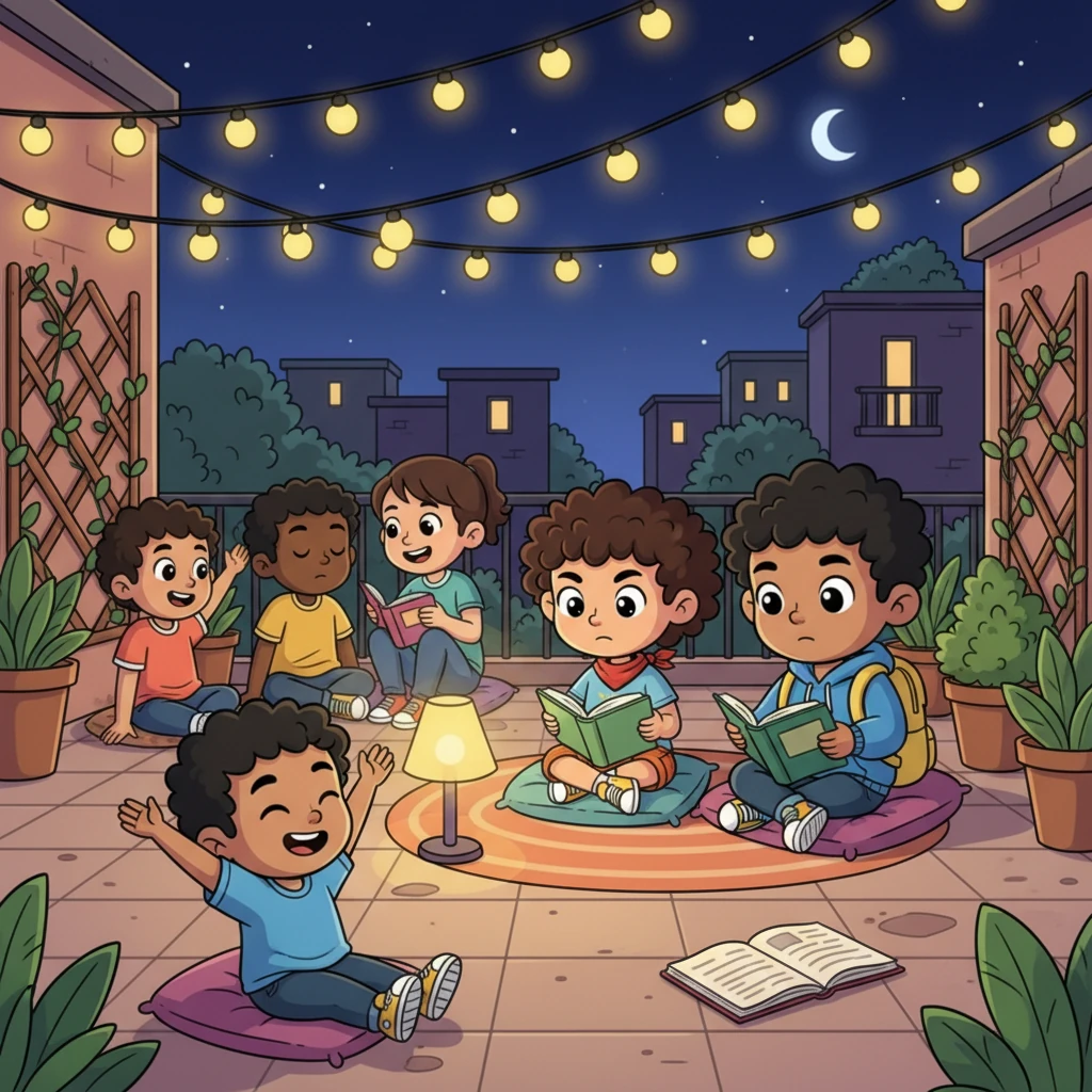 The shared terrace was a bustling, vibrant space, even at night. Young people from the other apartments were scattered around – some stretching, some chatting, and a few, like Rahul, deep in their books under various lights. The air buzzed with quiet energy, a community united by shared goals and warm evenings.