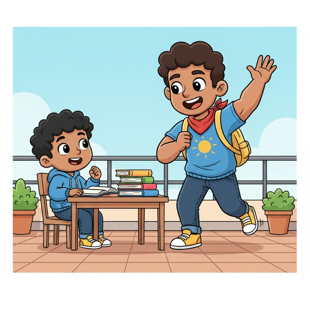 Suddenly, a friendly, well-built boy named Arun, a university student and Rahul's friend, bounded onto the terrace. He waved cheerfully, his backpack slung over one shoulder. He always brought a burst of energy, making the study break feel even more refreshing.