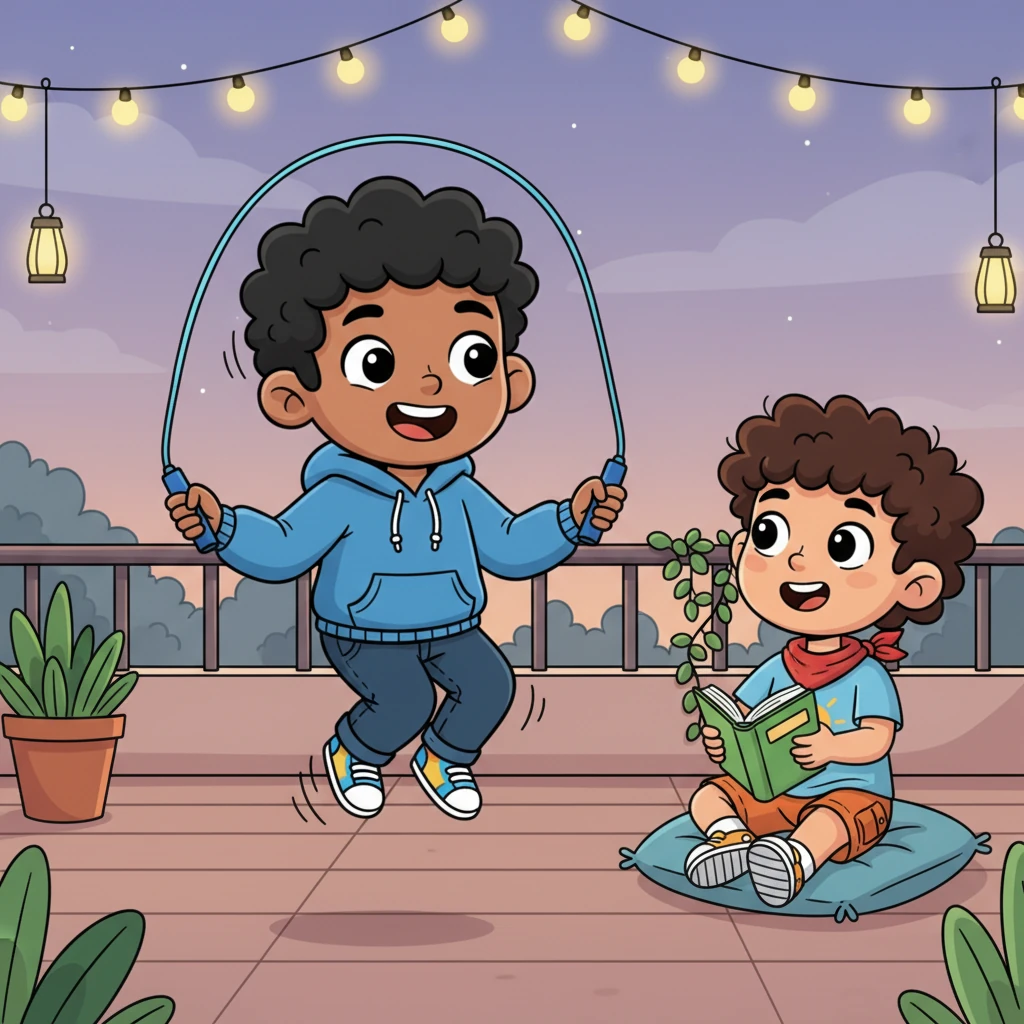 Arun pulled out a bright blue skipping rope and started a rhythmic dance, his feet barely touching the ground. He skipped with impressive speed and agility, a blur of motion under the soft glow of the terrace lights. Rahul watched, momentarily distracted from his books, a grin spreading across his face.