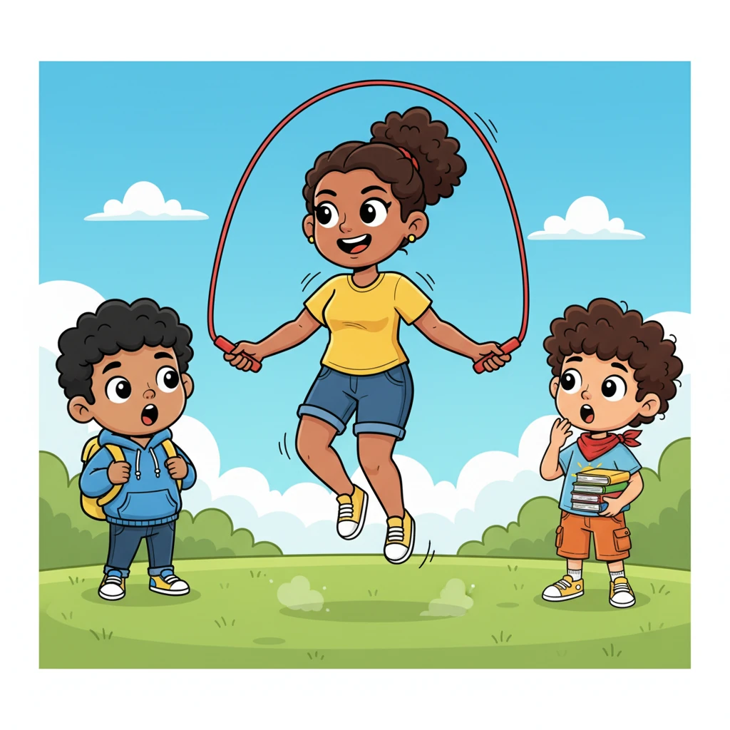 To everyone's surprise, Mom stood up, a twinkle in her eye, and playfully took the rope from Arun. With a confident smile, she started skipping, even faster and more gracefully than Arun! Her movements were fluid and powerful, a hidden talent suddenly revealed.