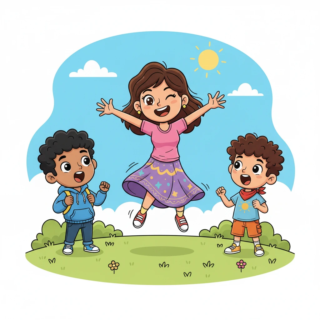 Rahul and Arun stared, mouths agape in delighted astonishment, then burst into cheers. Mom, still skipping with joyful intensity, winked at them, a playful expression on her face. Her T-shirt and skirt flowed with her movements, showcasing her unexpected athletic prowess.