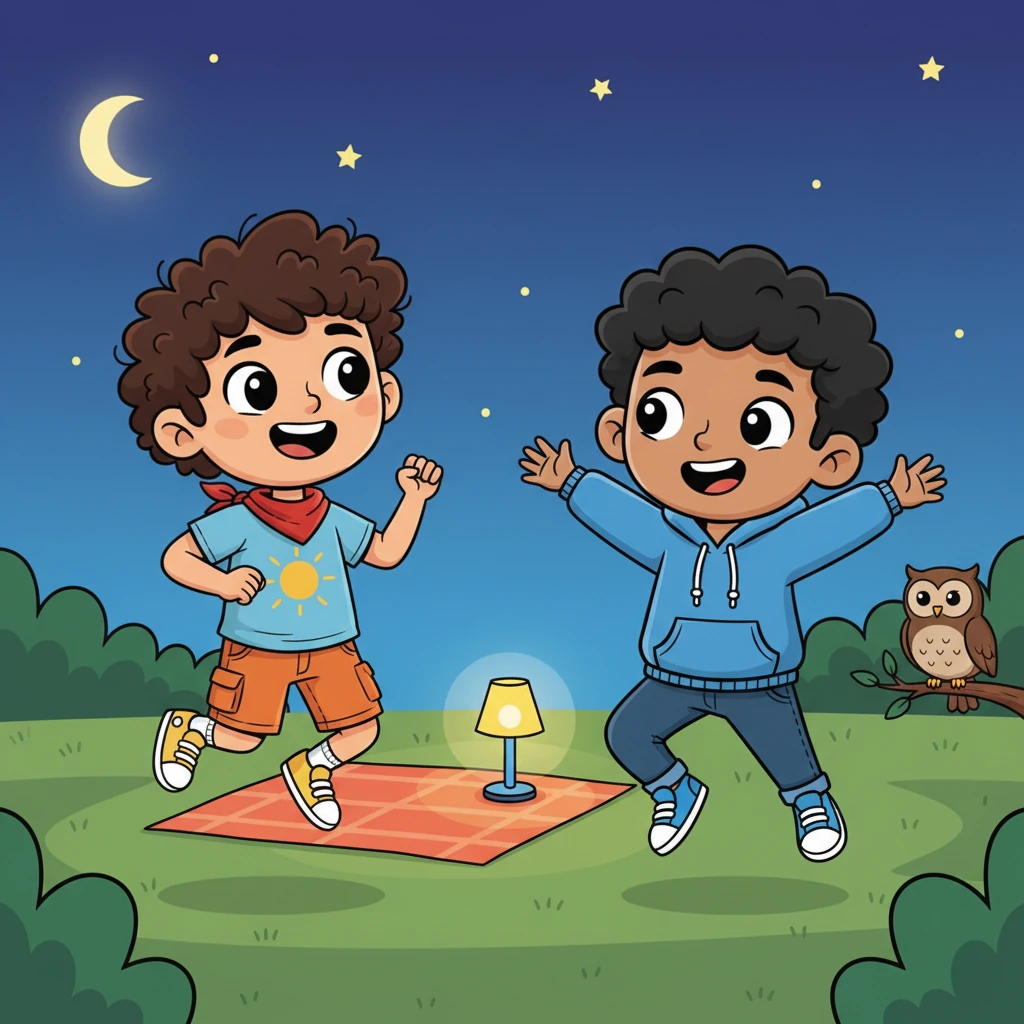 Inspired by Mom's energy, Rahul and Arun decided to do some light exercises together, laughing and encouraging each other. Later, they all settled back down, refreshed and re-energized, ready to tackle their studies with renewed focus under the cool night sky.