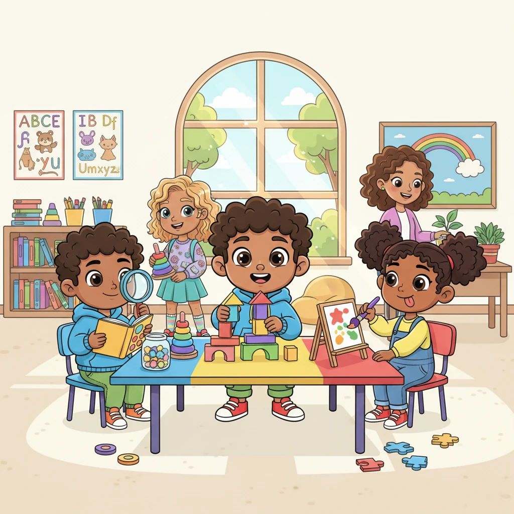 Leo, a curious boy with bright, wide eyes, sat at a colorful table in Ms. Bloom's bustling classroom. Around him, his friends Maya, Sam, and Lily were busy with different activities, their faces full of concentration and excitement. Sunlight streamed through a big window, illuminating a rainbow of learning tools scattered across the room. Each child had a unique way of engaging with their morning tasks.