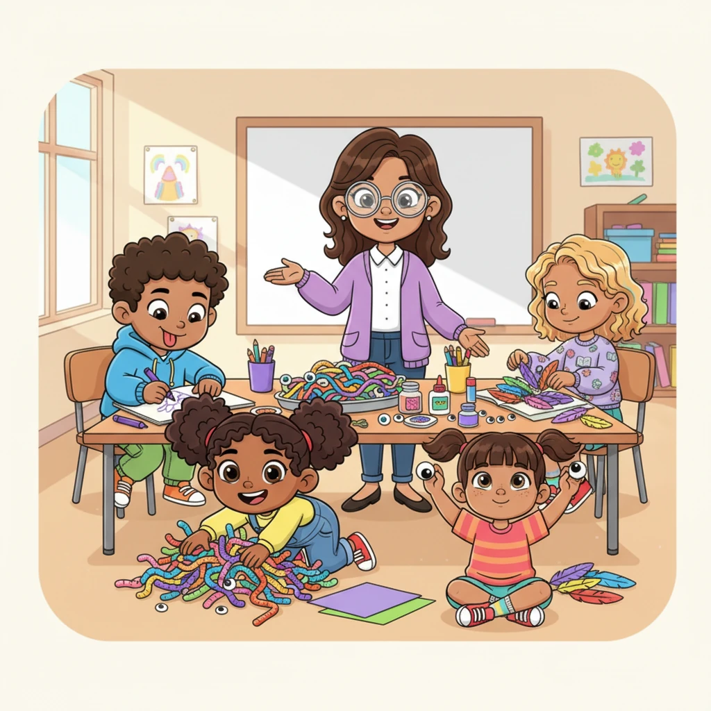 Ms. Bloom, with her warm smile and sparkly glasses, presented a challenge: building a magnificent fantasy creature from various craft materials. Leo immediately started sketching his ideas, while Sam dove straight into the pile of pipe cleaners and googly eyes. Lily carefully organized the feathers by color, and Maya hummed a little tune as she imagined her creature's story.