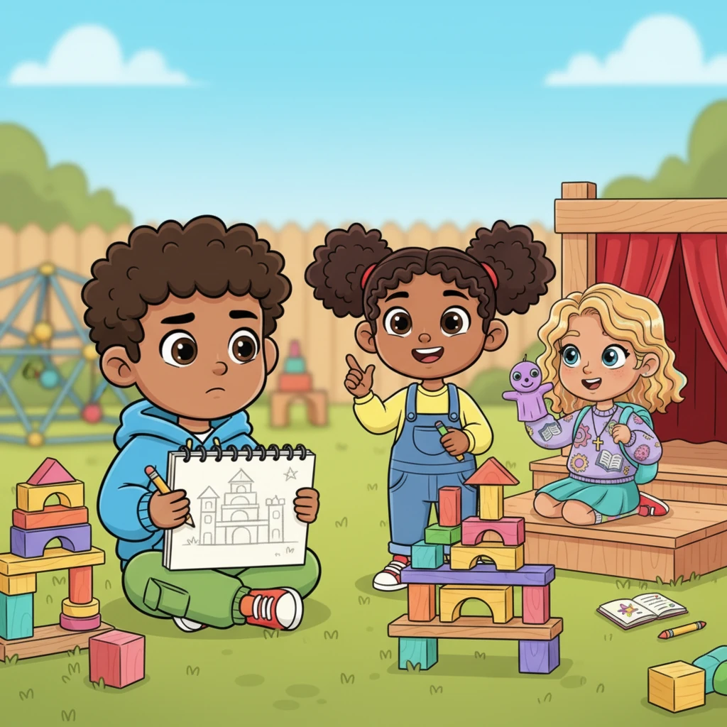 Leo felt a little confused. He liked to plan everything out, but Sam was building without a blueprint, and Lily was struggling with the visual part but excelling with stories. "Why can't we all learn the same way?" he wondered, a tiny frown creasing his brow as he looked at his half-finished sketch.