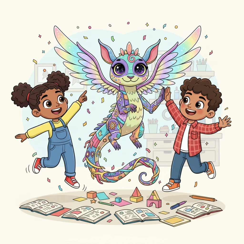 Working together, combining Lily's storytelling, Sam's building skills, Maya's imaginative drawings, and Leo's planning, they created the most magnificent, multi-colored fantasy creature. It had shimmering wings, a long, talespinning tail, and eyes that sparkled with shared ideas. They all cheered, high-fiving each other, proud of their amazing team effort.