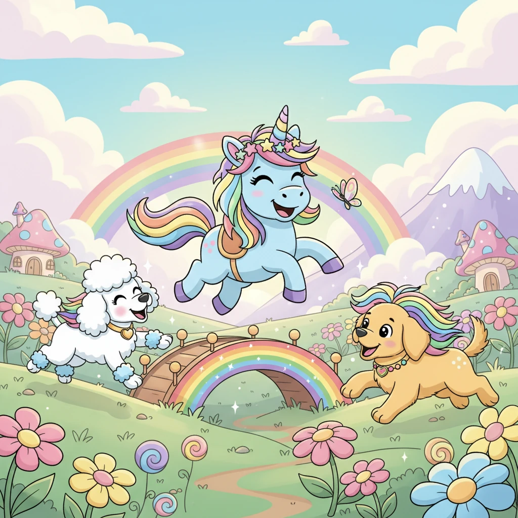 Losie, das Einhorn mit einer Mähne in allen Farben des Regenbogens, lebte glücklich im Regenbogenland. Ihre besten Freunde waren die verspielten Hunde Ella-Elsa und Goldi, die immer für ein Abenteuer bereit waren. Zusammen verbrachten sie ihre Tage mit Lachen und Spielen unter dem hellen Himmel.