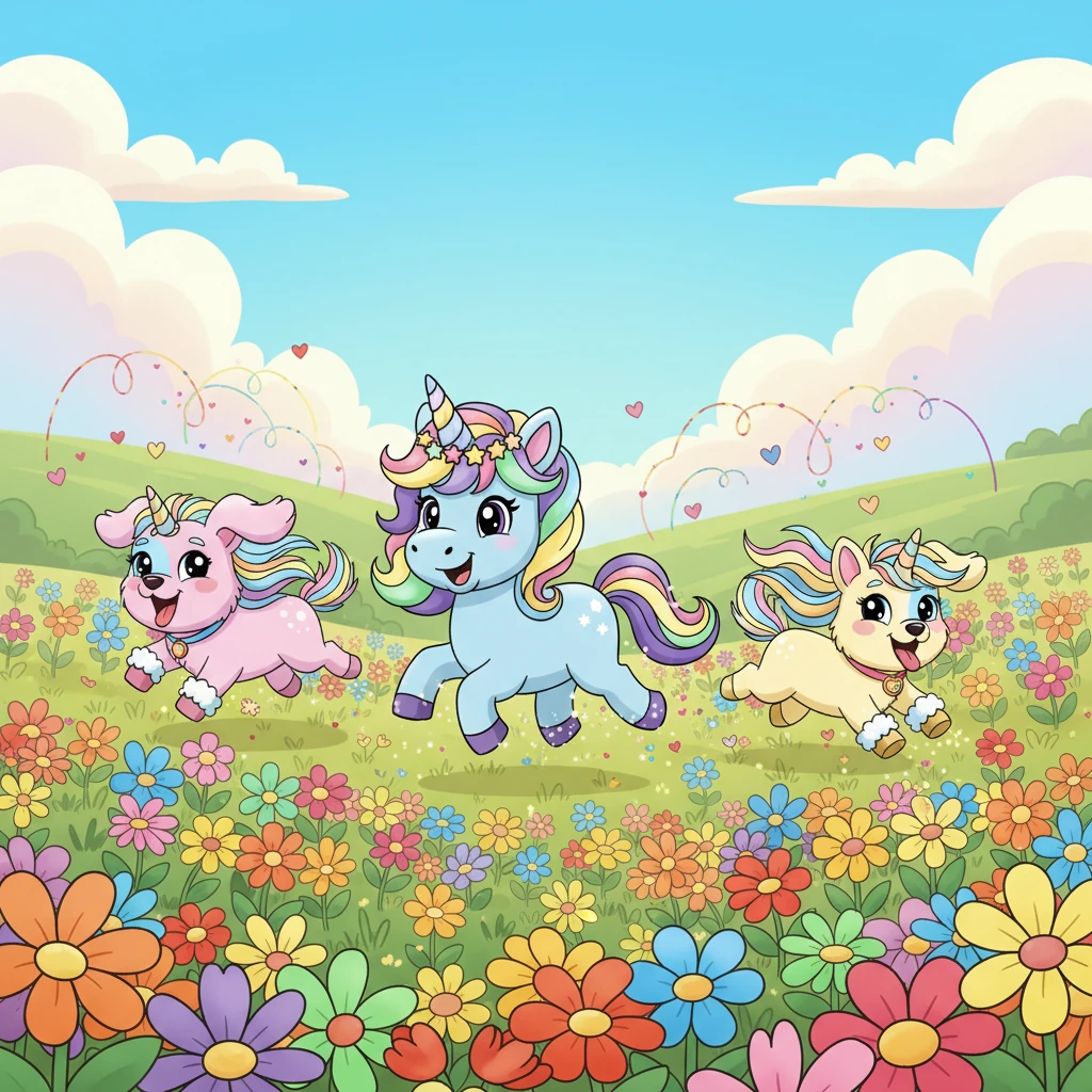 An einem sonnigen Morgen galoppierten die drei über weite, leuchtende Blumenwiesen, deren Blüten in allen Farben des Regenbogens strahlten. Losies Hufabdrücke hinterließen kleine glitzernde Spuren, während Ella-Elsa und Goldi fröhlich bellend neben ihr herrannten. Die Luft war erfüllt vom Duft der Blumen und ihrem unbeschwerten Jubel.