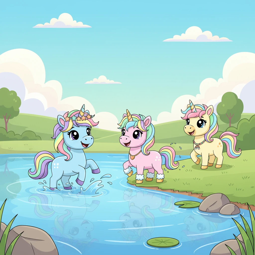 Als sie an einem kristallklaren See ankamen, beschlossen sie, etwas Neues auszuprobieren. "Lasst uns schwimmen lernen!", rief Losie aufgeregt, ihr Horn spiegelte sich im Wasser. Ella-Elsa und Goldi wackelten begeistert mit den Schwänzen, obwohl sie noch nie zuvor im Wasser waren.