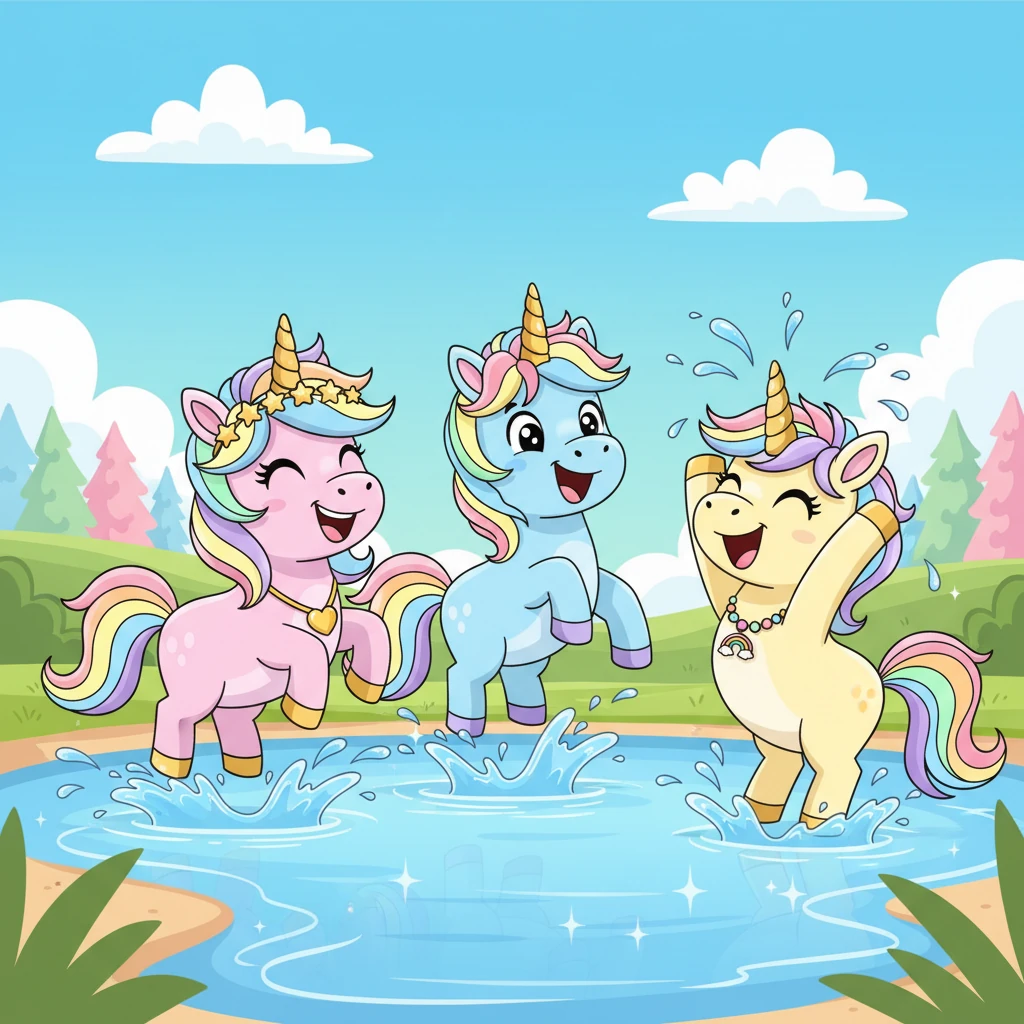 Mit viel Planschen und Lachen wagten sie sich ins kühle Nass. Losie paddelte elegant, während Ella-Elsa und Goldi anfangs etwas tollpatschig waren, aber schnell den Dreh raushatten. Sie spritzten sich gegenseitig nass und genossen die erfrischende Abkühlung an diesem wunderschönen Tag.