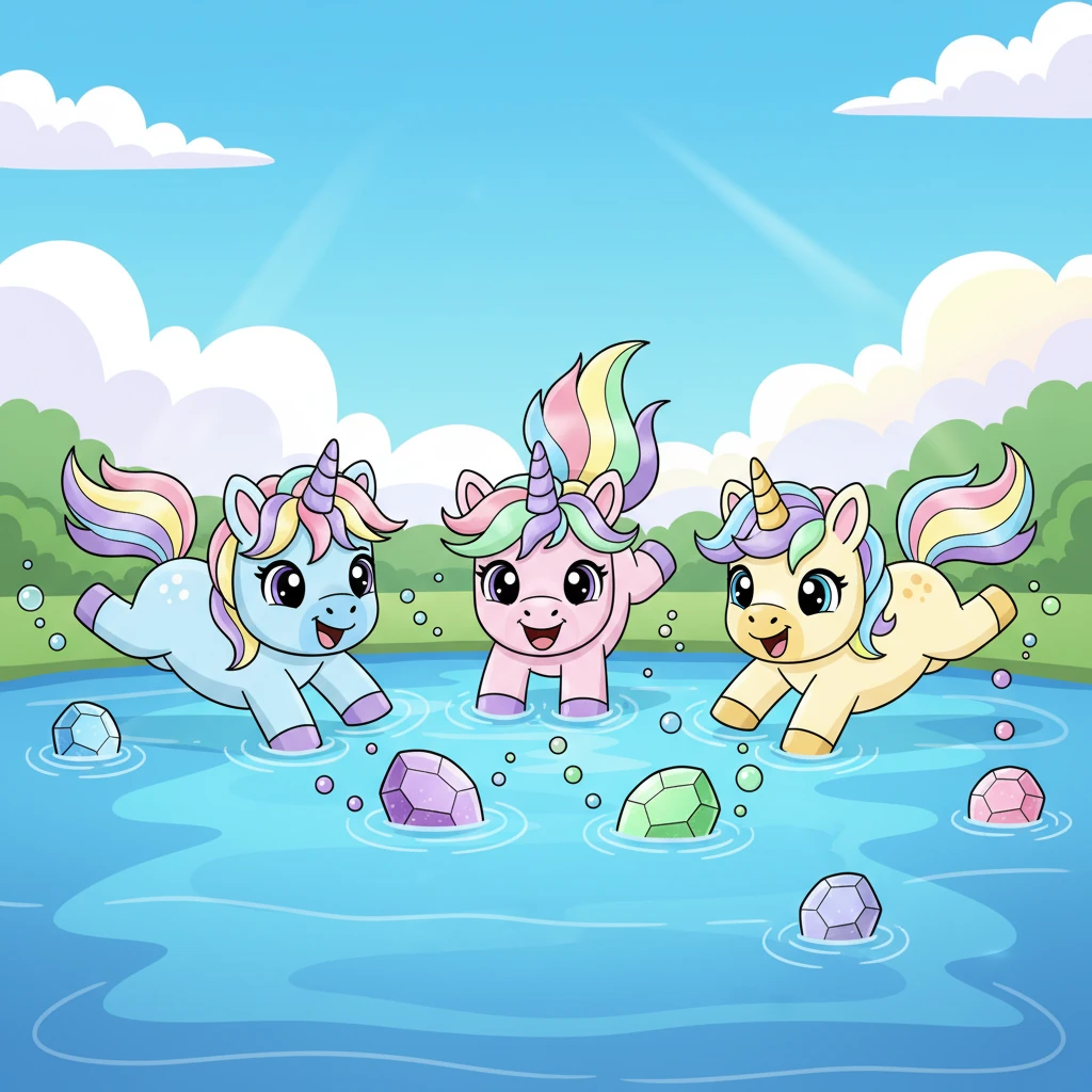 Bald schwammen alle drei mit Leichtigkeit durch den See, ihre Bewegungen waren synchron und voller Freude. Sie tauchten nach glitzernden Steinen und jagten kleinen Wasserblasen hinterher. Stolz auf ihre neue Fähigkeit, fühlten sie sich unbesiegbar und bereit für alles.