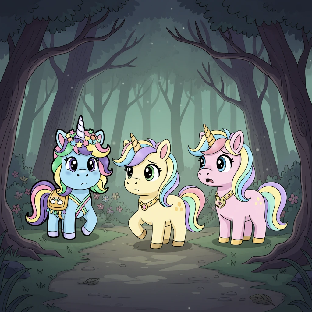 Auf ihrem Rückweg stießen sie auf einen dunklen, dichten Wald, der am Rande des Regenbogenlandes lag. Eine unheimliche Stille lag in der Luft, und die Bäume warfen lange, schaurige Schatten. Ein leichtes Zittern ging durch die Freunde, als sie das finstere Dickicht sahen.