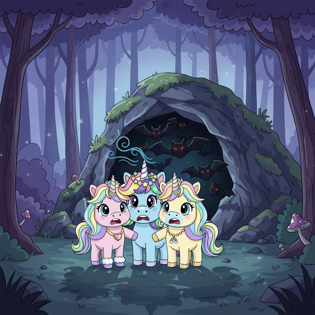 Tief im Wald entdeckten sie den Eingang zu einer düsteren Höhle, aus der ein kalter Wind wehte. Plötzlich flatterten große Fledermäuse heraus, ihre Schatten tanzten unheimlich an den Höhlenwänden. Losie, Ella-Elsa und Goldi drängten sich ängstlich aneinander, ihre Herzen pochten schnell.