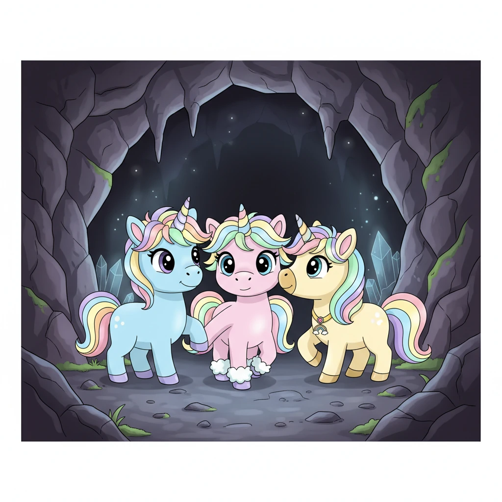 Doch anstatt umzukehren, sahen sie sich an und fassten Mut. "Wir schaffen das zusammen!", sagte Losie fest, und Ella-Elsa stupste Goldi ermutigend an. Hand in Pfote, Horn an Schnauze, schritten sie langsam und vorsichtig in die dunkle Höhle hinein, fest entschlossen, ihre Angst zu überwinden.