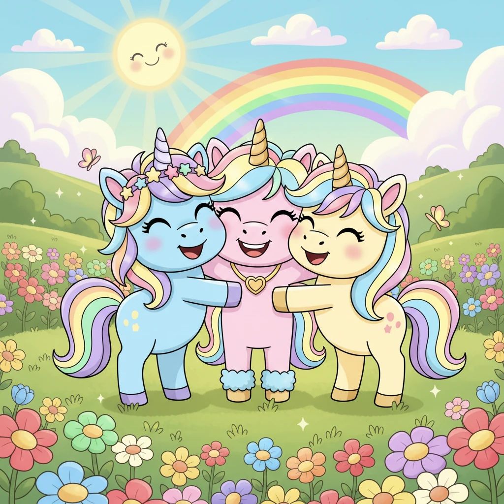 Erleichtert und überglücklich rannten sie zurück in die sonnigen Blumenwiesen des Regenbogenlandes. Sie umarmten sich fest, ihre Herzen waren erfüllt von Stolz und einer noch tieferen Freundschaft. Sie wussten nun, dass sie gemeinsam jede Herausforderung meistern konnten, egal wie groß oder gruselig sie war.