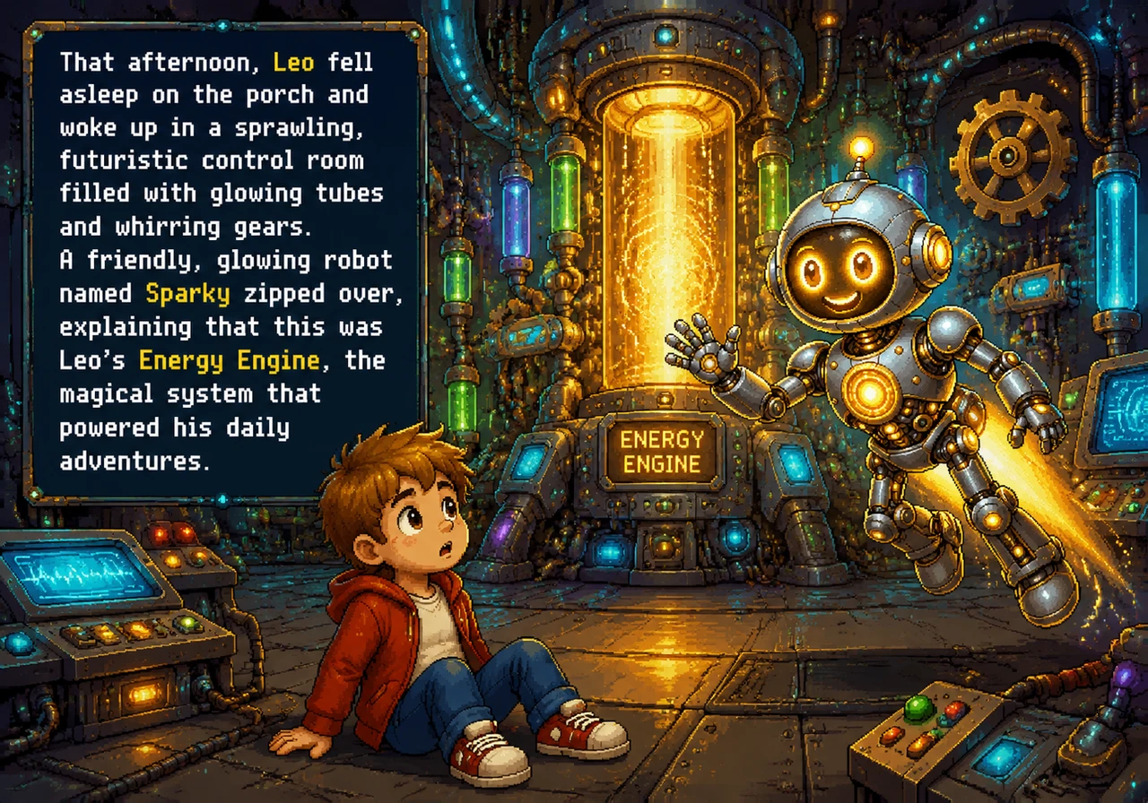 That afternoon, Leo fell asleep on the porch and woke up in a sprawling, futuristic control room filled with glowing tubes and whirring gears. A frien