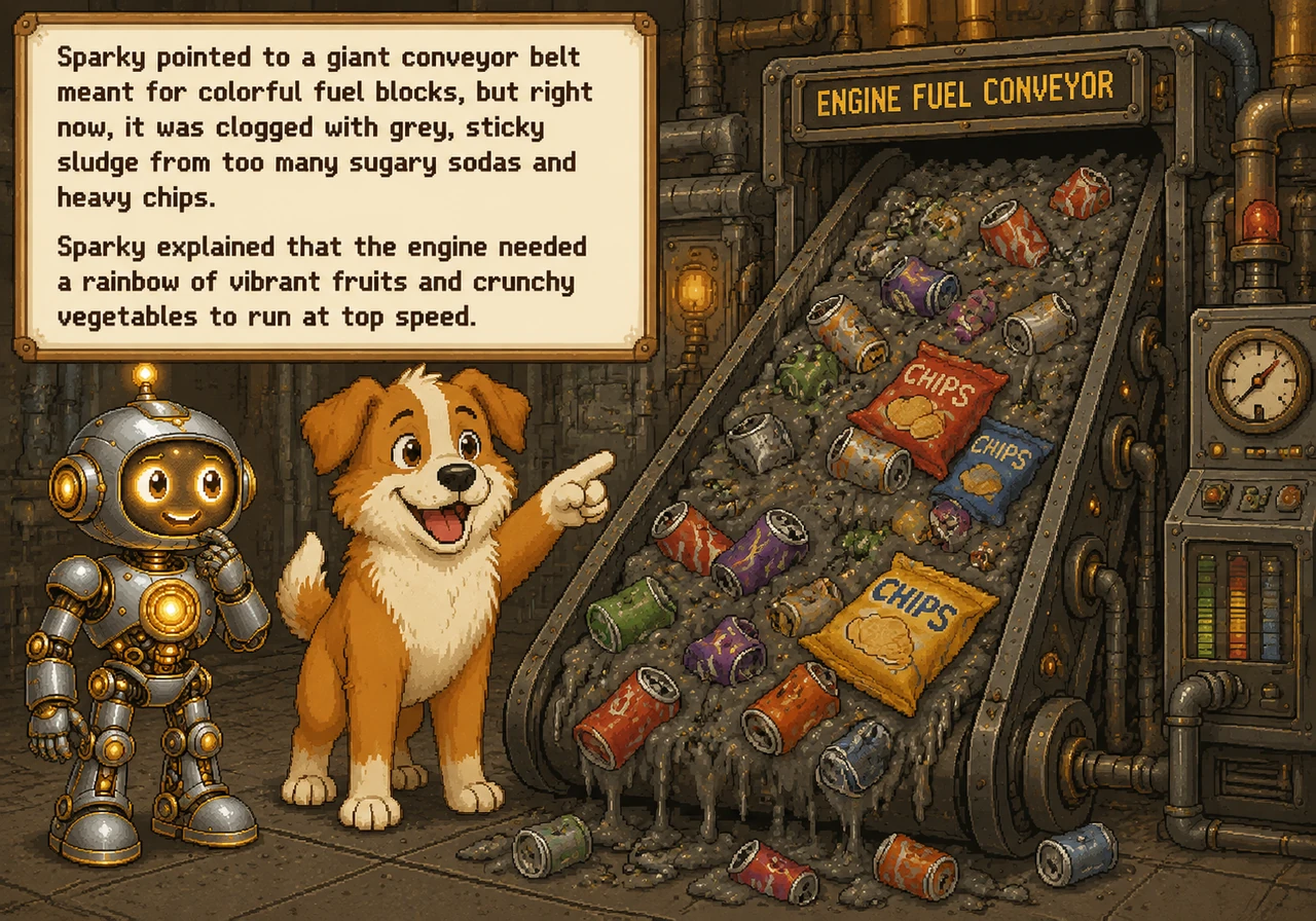 Sparky pointed to a giant conveyor belt meant for colorful fuel blocks, but right now, it was clogged with grey, sticky sludge from too many sugary so