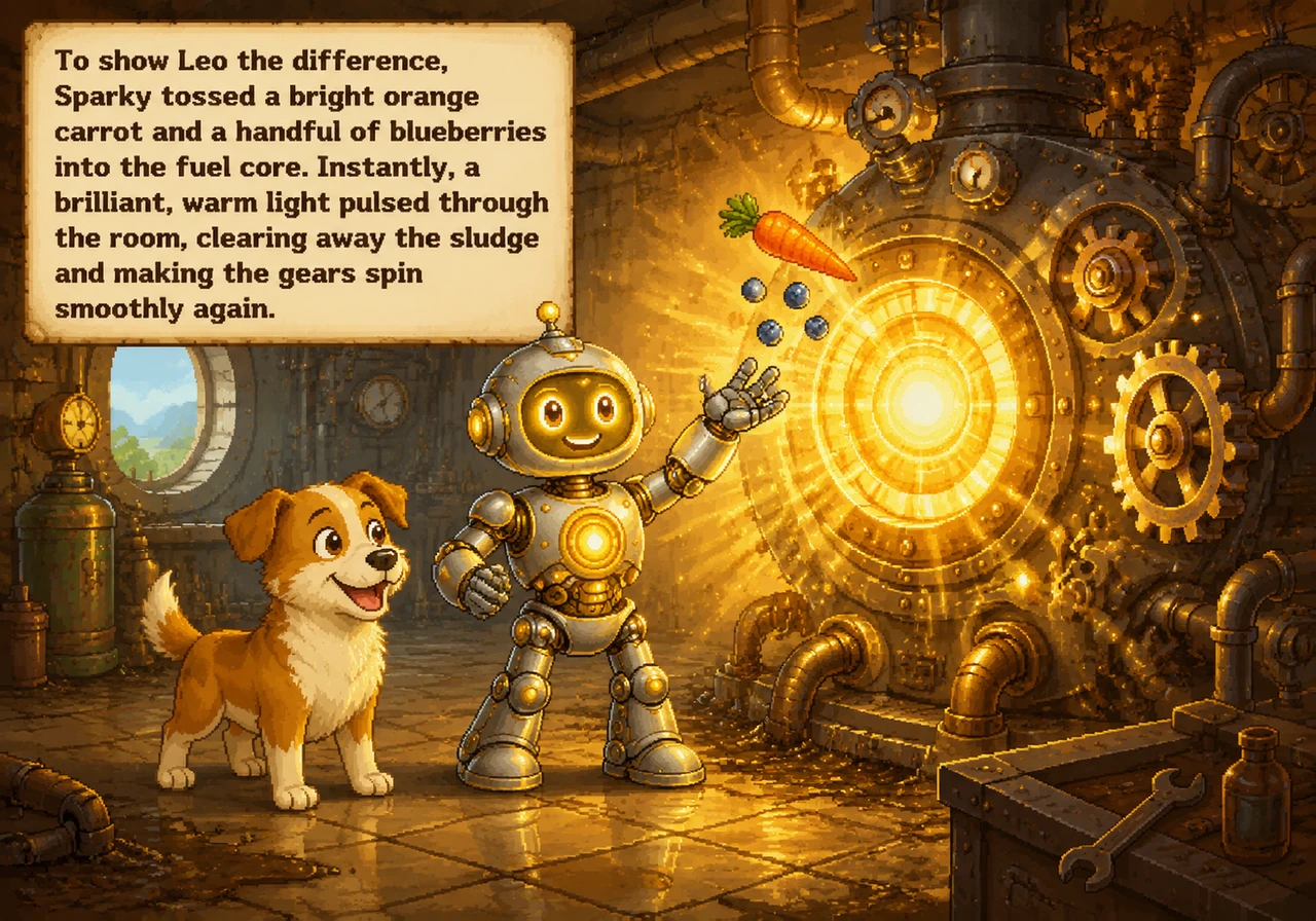 To show Leo the difference, Sparky tossed a bright orange carrot and a handful of blueberries into the fuel core. Instantly, a brilliant, warm light p