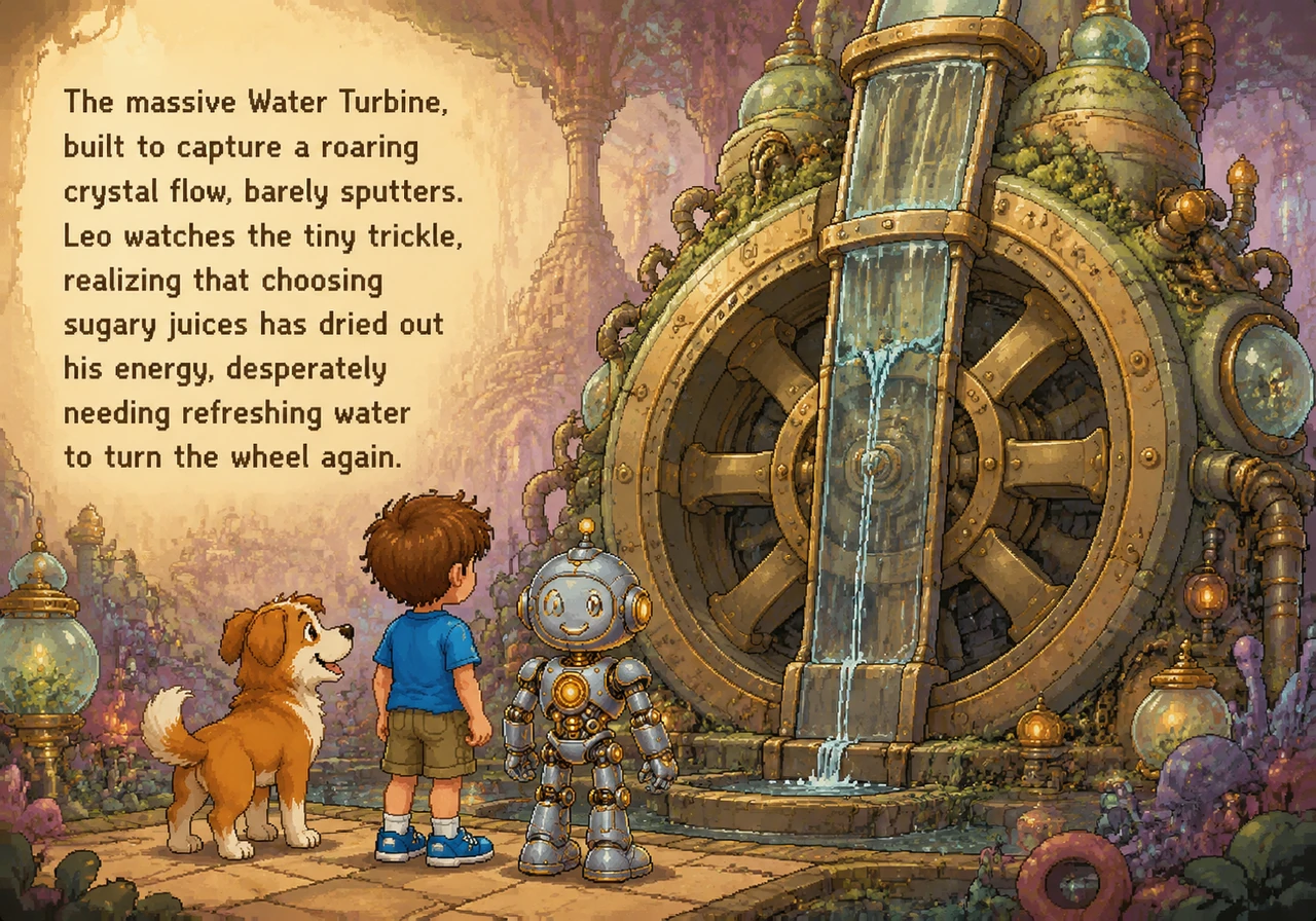 Next, they visited the Water Turbine, which looked like a magnificent glass waterfall but was currently down to a tiny, sputtering trickle. Leo realiz