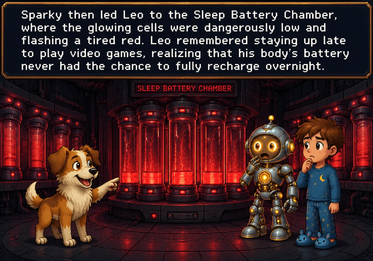 Sparky then led Leo to the Sleep Battery Chamber, where the glowing cells were dangerously low and flashing a tired red. Leo remembered staying up lat