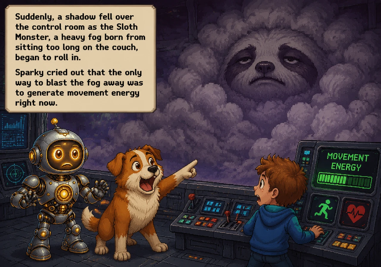 Suddenly, a shadow fell over the control room as the Sloth Monster, a heavy fog born from sitting too long on the couch, began to roll in. Sparky crie