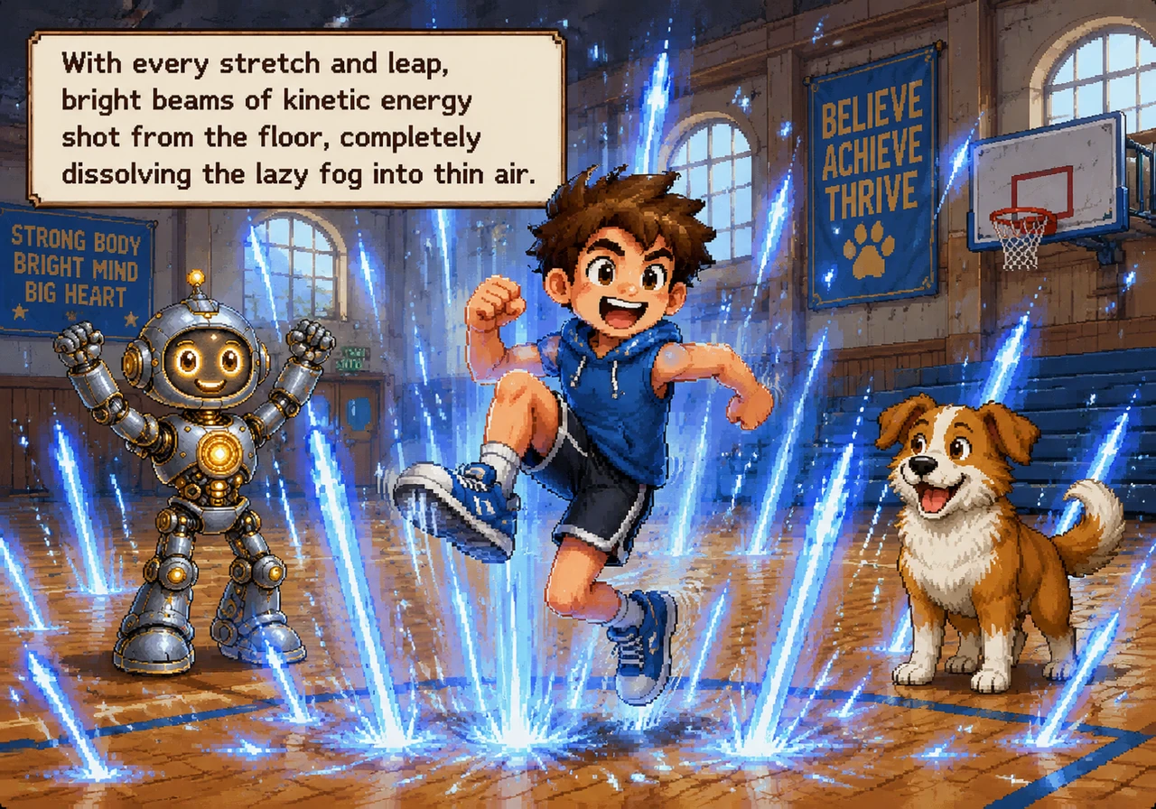 Leo began to jump, dance, and run in place as fast as he could, feeling his heart pump like a mighty drum. With every stretch and leap, bright beams o