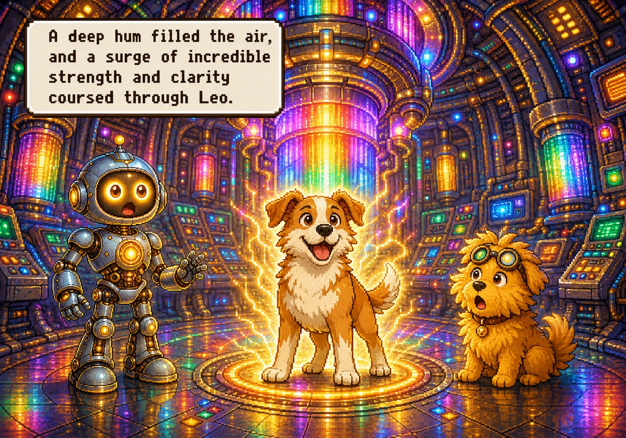 With the engine fully restored, the control room gleamed with dazzling rainbow lights, and a deep, powerful hum filled the air. Leo felt a surge of in