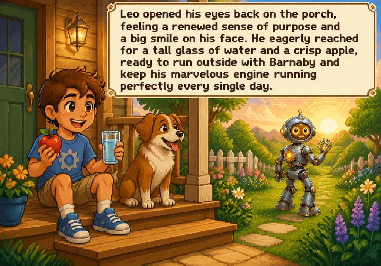 Leo opened his eyes back on the porch, feeling a renewed sense of purpose and a big smile on his face. He eagerly reached for a tall glass of water an