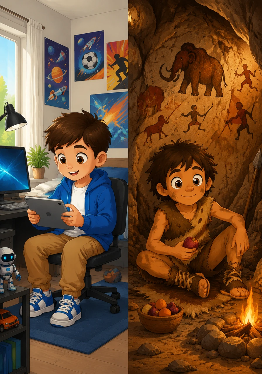 A room split down the middle showcases two different worlds in perfect harmony. On the left, Leo sits in his brightly lit modern bedroom filled with colorful posters and a sleek computer desk. On the right, Ugh relaxes inside a cozy prehistoric cave adorned with vibrant charcoal rock paintings of mammoths and hunters.