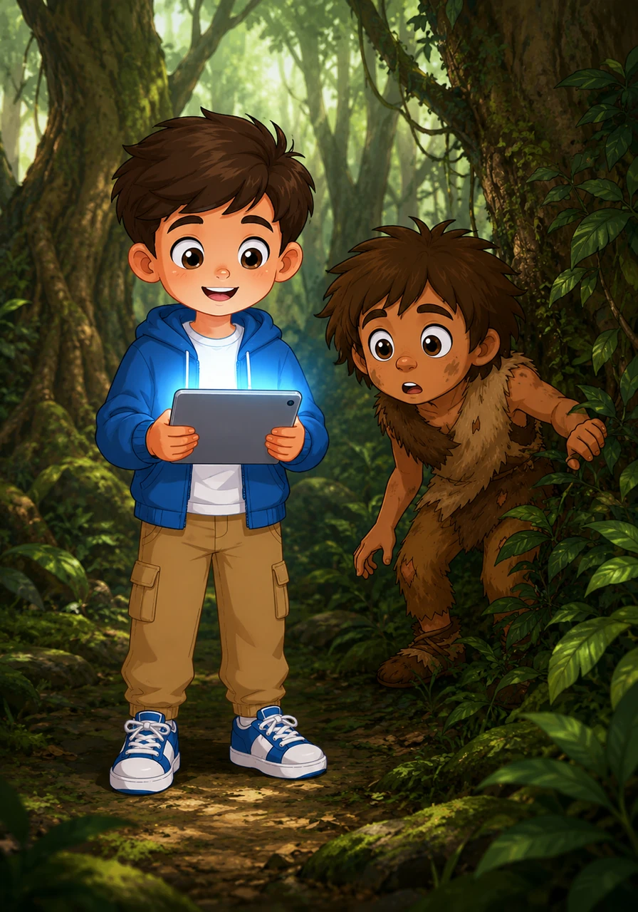 Leo stands in a dense, primeval forest, holding up a sleek digital tablet that radiates a soft blue light. Emerging from a nearby thicket is Ugh, a young cave-dwelling boy dressed in furry animal skins, staring at the glowing device with wide, amazed eyes.