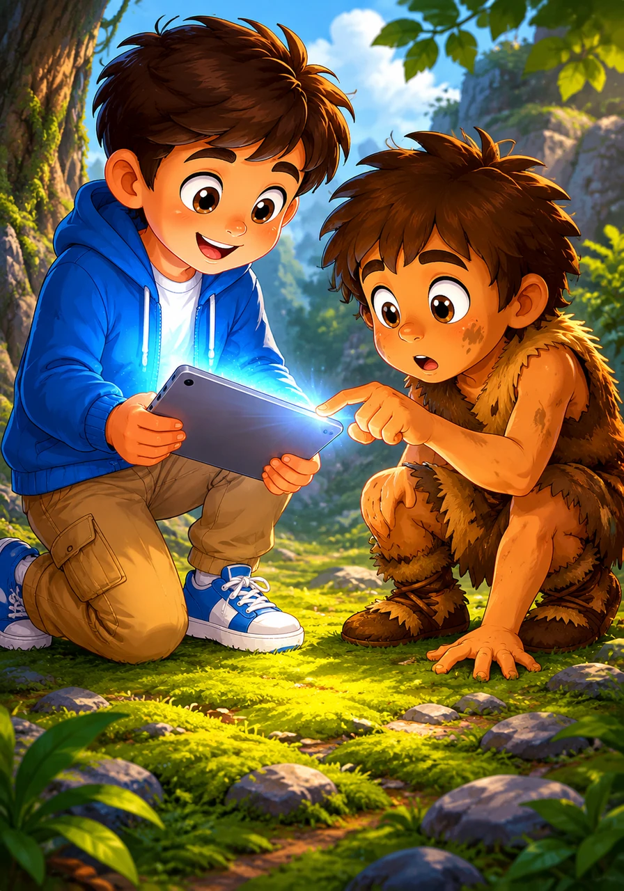 Leo kneels down enthusiastically on the mossy ground to show Ugh the brightly lit screen of his modern tablet. Fascinated and slightly hesitant, Ugh gently reaches out with one finger to touch the smooth glass, marveling at a source of light that produces absolutely no smoke.