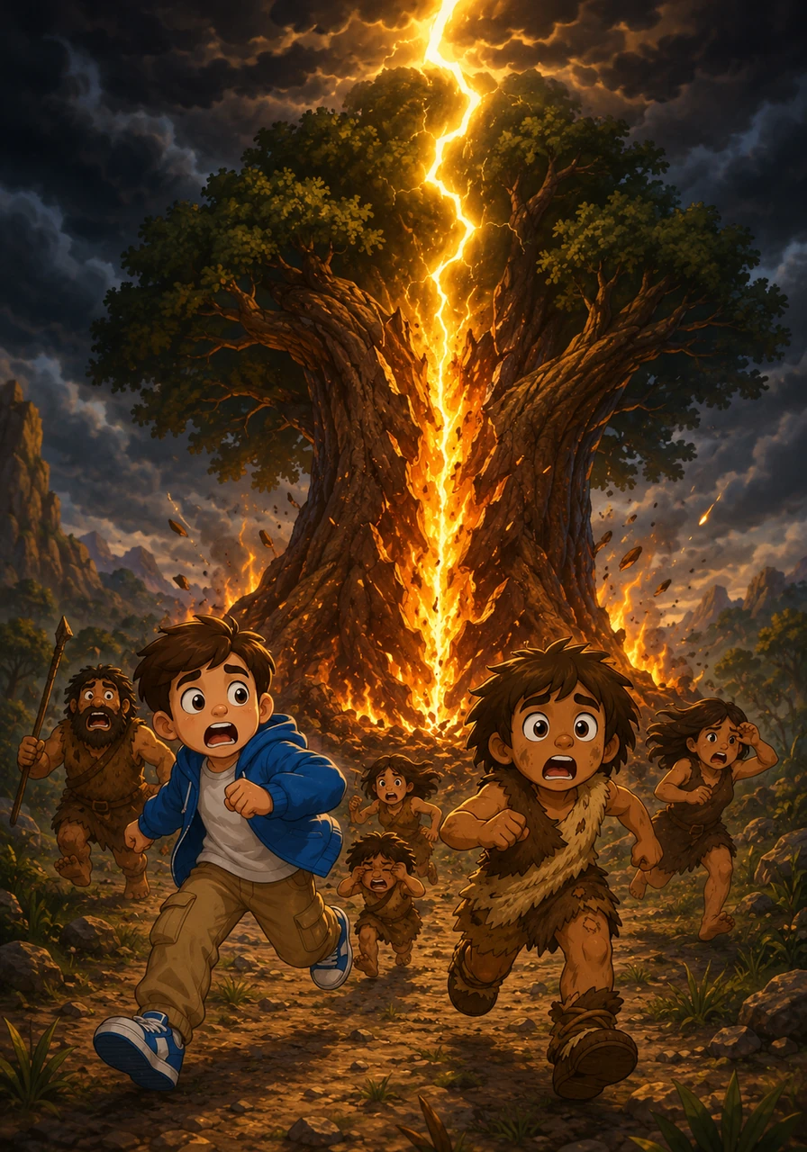 A massive flash of golden lightning strikes a towering ancient tree, splitting the trunk and bursting into fierce, bright orange flames. In the background, a small group of terrified prehistoric humans run away in fear, shielding their eyes from the roaring blaze.