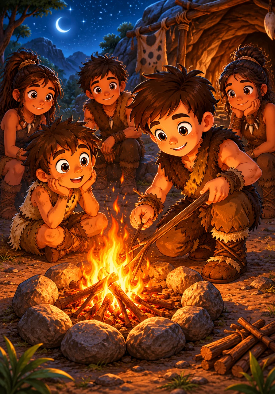 A close-knit tribe of prehistoric people gathers around a small hearth carefully encircled by protective gray stones. A brave tribal guardian holds up a long wooden branch, keeping the precious flame burning bright by gently feeding it dry twigs.