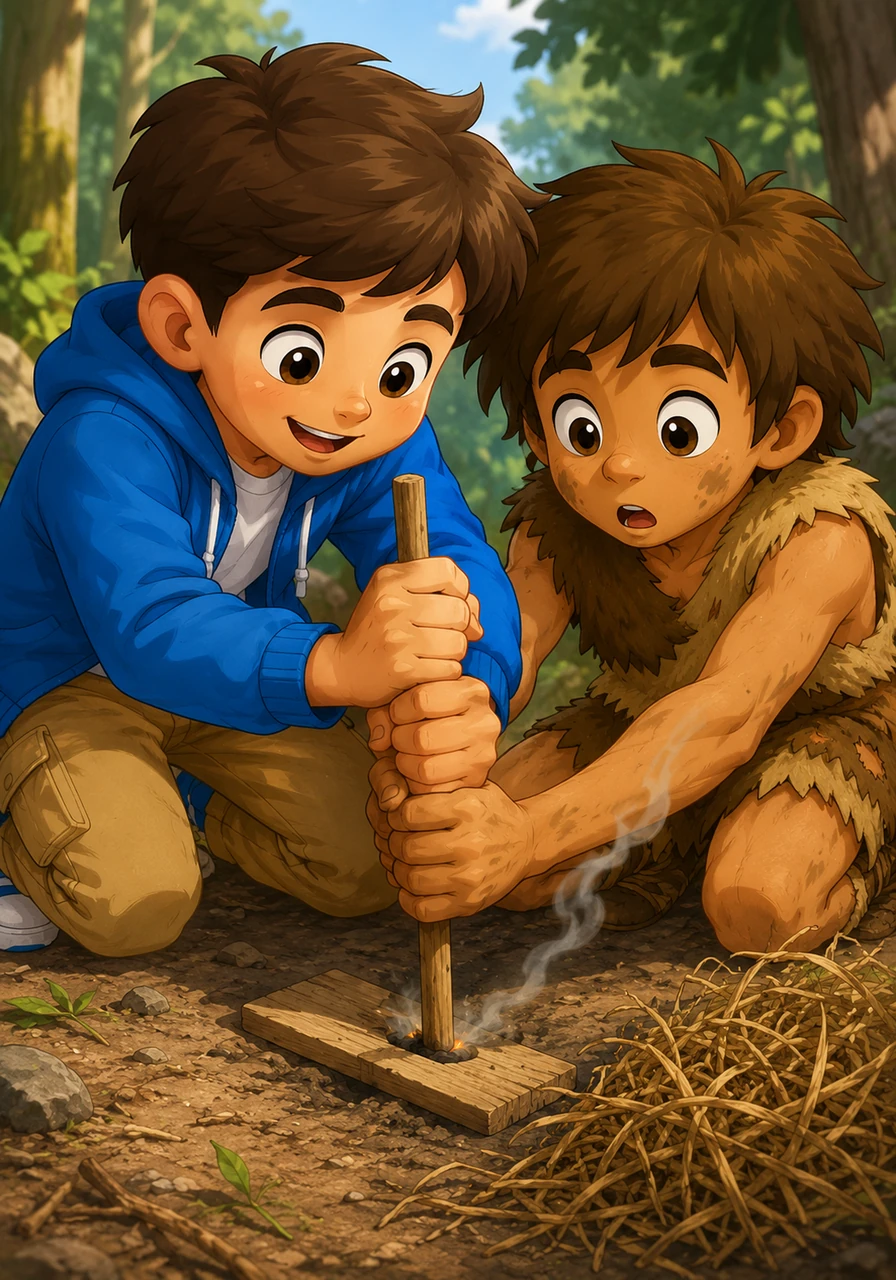 Two strong, weathered hands vigorously spin a hard wooden stick back and forth against a flat, softer piece of timber. A delicate wisp of gray smoke begins to rise from the friction point, gently drifting toward a pile of tinder dry grass.