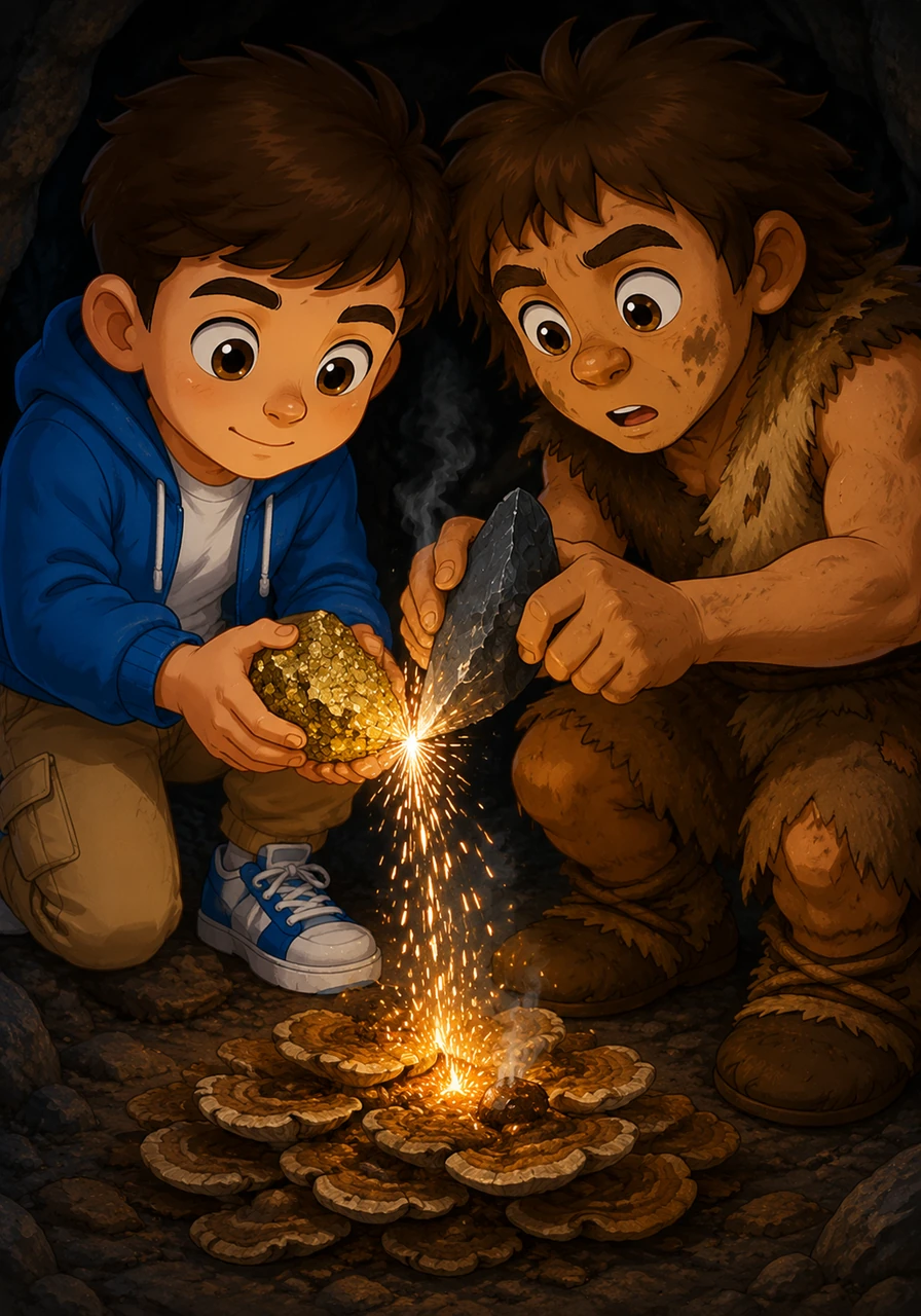 A sharp piece of dark flint strikes forcefully against a piece of golden pyrite, sending a brilliant shower of bright sparks downward. The glowing sparks land softly on a bed of dried shelf mushrooms, igniting a tiny, warm ember.